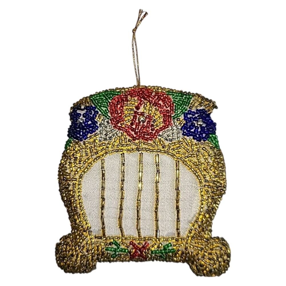 Vintage Handmade Glass Beaded Plush Mandolin Lute Harp Christmas Ornament Music